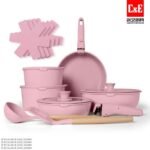 C&E Complete Pannenset met Afneembare Handgrepen, Deksels en Keukengerei Roze