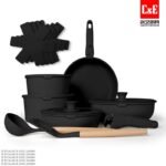 C&E Complete Pannenset met Afneembare Handgrepen, Deksels en Keukengerei Zwart