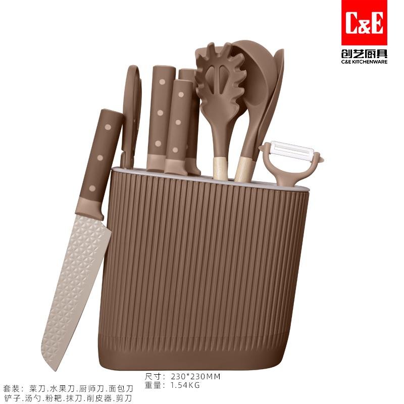 WhatsApp Image 2026-08-22 at 13.30.42 (2) C&E Complete Keukenmessenset met Keukengerei en Opbergblok Bruin - Afbeelding 1